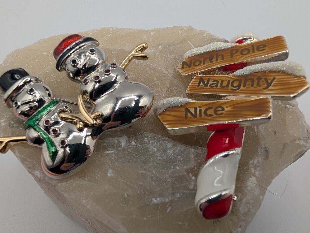 Napier Christmas Holiday Brooch Pin Lot: Snowmen & North Pole Naughty Nice Sign